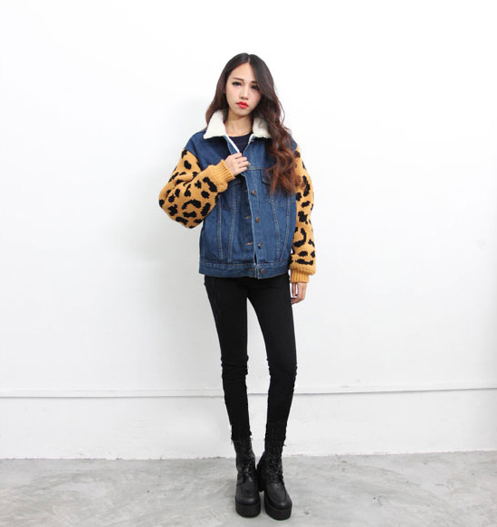 Loose Leopard Pattern Add Wool Coats Denim Short Coats